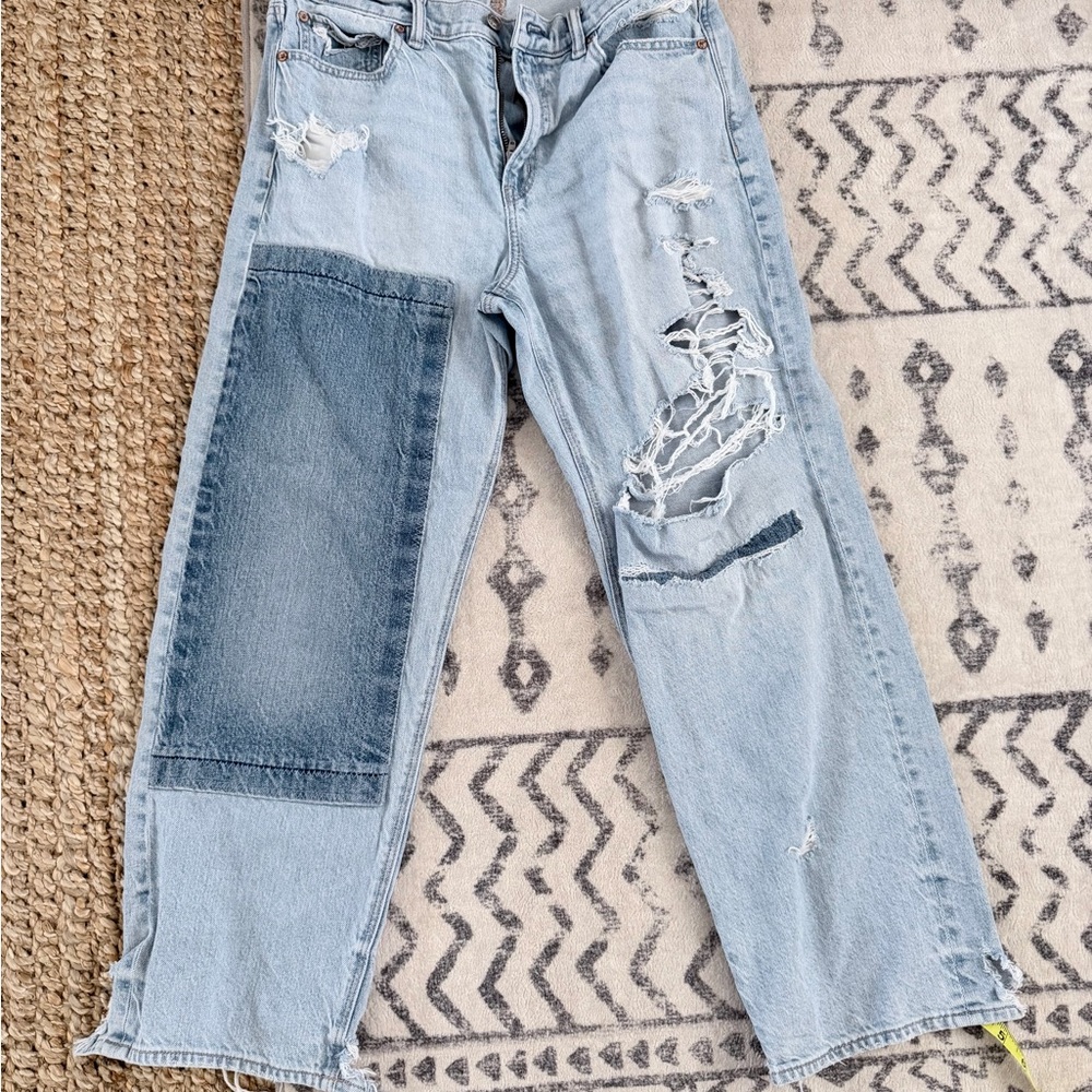 American Eagle Outfitters Light Wash Boyfriend Jeans with Dark Patch
